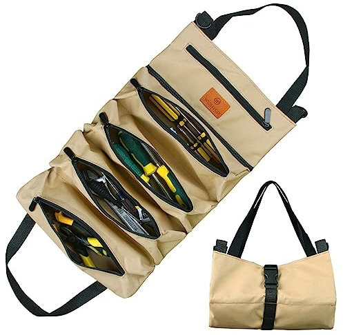 Sinand Borsa attrezzi lavoro, borsa porta attrezzi in tela, borsa multiuso con 5 tasche con zip, ideale per idraulici, artigiani ed elettricisti(Khaki)