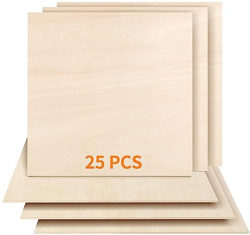 Dofiki 25 Pezzi 3mm Compensato di Betulla 300 x300 x3mm Tavola di Compensato per Taglio Laser Incisione a Legna Foglio di Betulla Fai da Te 1/8 x11.8x 11.8