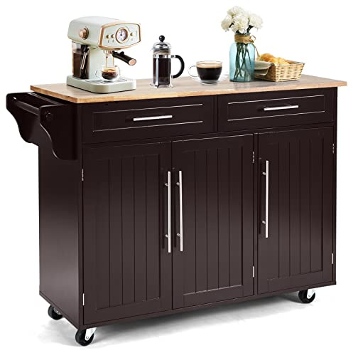 KOMFOTTEU Carrito de Cocina con Ruedas y Encimera de Madera Caucho (Marrón) | Carro de Servicio con Cajones, Toallero, Isla de Cocina con Estantes Ajustables, Carrito Auxiliar, 122 x 46 x 92 cm