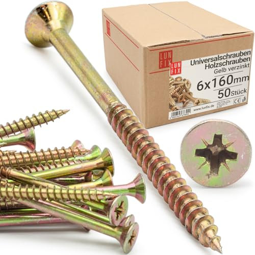 LUN FIX Vite universale, 6,0 x 160 mm, 50 pezzi, con impronta a croce PZ3, testa piatta, viti per legno, zincate in giallo, viti multiuso, viti a croce
