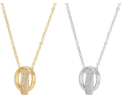 QKEPCY 2 Stück Kette Damen Doppelring Diamant Halskette Anhänger Halskette Set für Frauen Schmuck Geburtstags Geschenk für Sie Freundin Weihnachten Valentinstag Muttertags