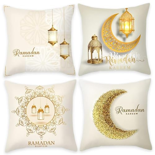 Porgeel Ramadan Pillow Cove 4pcs Ramadan Kissenabdeckung 18x18 '' Moon Druckwurf KissenbezüGe Set Doppelseitiges Kissen Deckungsabdeckungen Islamisches Muslimisches Dekor FüR Couchsofa Stil 1