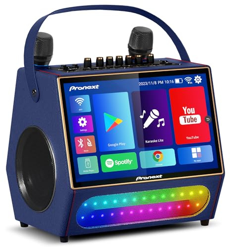 PRONEXT Karaoke Machine with Lyrics Display Screen for Adults, Bluetooth Speaker with 2 Rechargeable UHF Mics, Built-in 14 Tablet & WiFi, DJ Lights, Portable Karaoke System for Party(Stand Included)