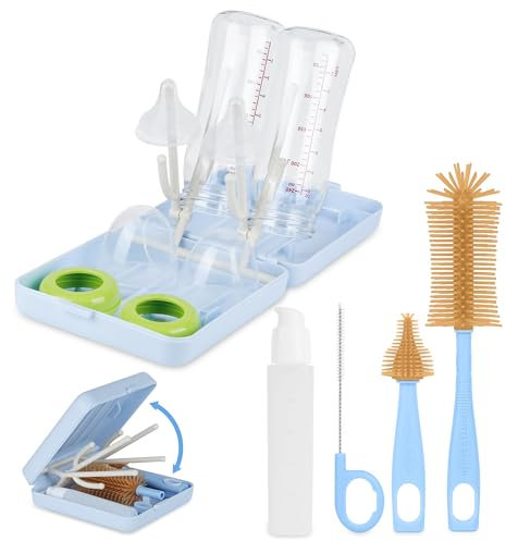 Portable Silicone Bottle Brush Set - 6 in 1 Baby Bottle Cleaner with Nipple, Straw, Drying Rack, Storage Box, Blue