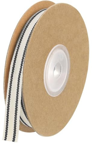 QUARKZMAN Naturale Cotone Righe Nastro 1cm x 9,1m Cotone Tessuto Nastro Rotolo Naturale con Nero Grosgrain Nastro per Regalo Confezione Fai da Te Artigianato Fiocco Creazione Casa