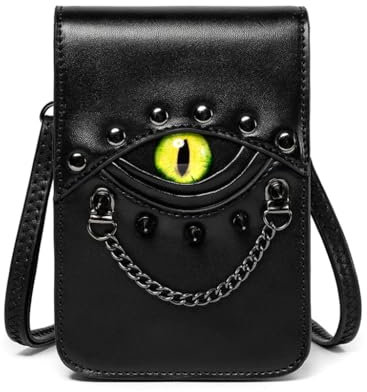 Ruarby Mittelalterliche Vintage-Gürteltasche mit Nieten, Teufelsauge, Metallkette, kleine Umhängetasche, seitliche Packung, Gürteltasche für Damen, Schwarz