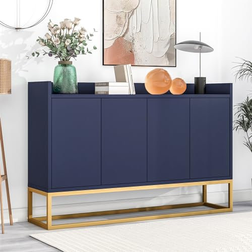 Aparador con Cuatro Puertas Sin Tiradores, Aparador con Estructura De Metal Y Tabiques Regulables, Apto para Comedor, Salón, Cocina 120×30×80cm(Color:Azul)
