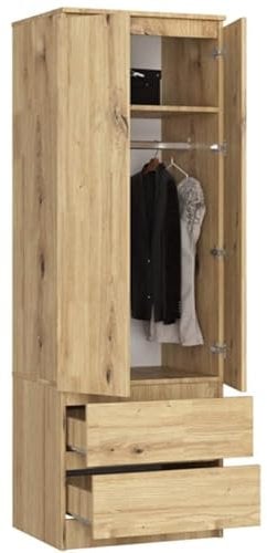 BDW Kleiderschrank mit 2 Türen, 2-türiger Kleiderschrank, 2 Schubladen - Aufbewahrungsschrank - Moderner Schrank für Schlafzimmer, Wohnzimmer, Flur, Kinderzimmer - 180x60x51cm - Eiche Artisan