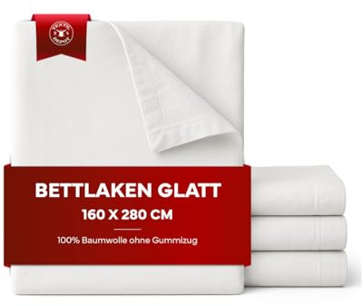 texpot Bettlaken 160 x 280 cm glatt weiß 100% Baumwolle ohne Gummizug auch zum Basteln Malen