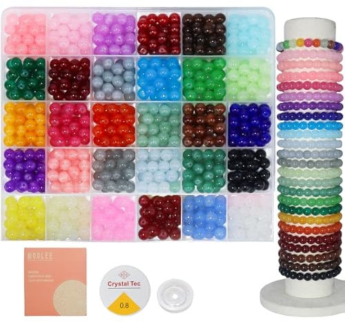 WOOLEE 750Pcs Glass Beads Bracelet Making Kit, 30 Colors 8MM Crystal Round Glass Beads Jewelry Making kit. Bracelet, Necklace, Earrings and Phone Lanyard DIY Craft Set, Gift for Girls
