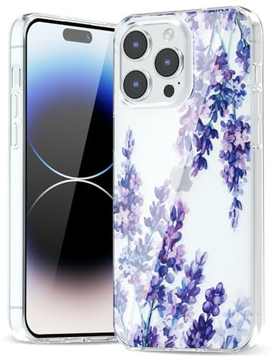 Svanove for iPhone 14 Pro Case Flower, Girly Cute Clear Floral Aesthetic Design, Slim Thin Transparent Hard Shell Plastic Phone Case for Women Girls, Trendy Elegant Pattern, Purple Lavender