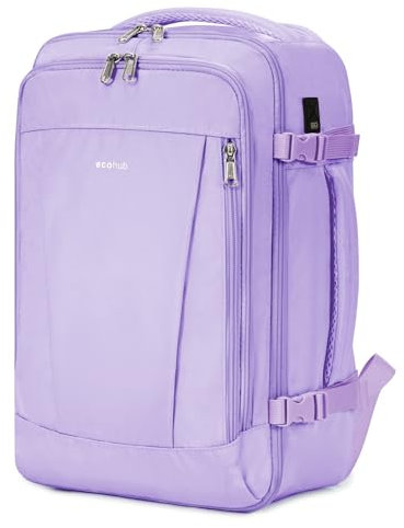 ECOHUB Bagage Cabine 40x20x25 pour Ryanair, 13 Poches Sac a Dos Voyage Cabne Avion, Léger Sac à Dos sous Le Siège 20L, Bagage à Main en Pet Recyclé, Sac à Main pour Homme Femme, Violet