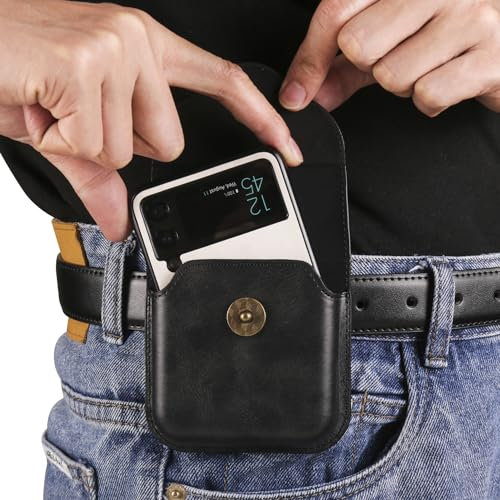 Premium Leather Cell Phone Belt Holster for Samsung Galaxy Z Flip 6/5/4/3,for Motorola Razr 50 Ultra/40 Ultra,Clip On Phone Holder with Magnet Closure with Metal Clip for Honor Magic V Flip (Black)