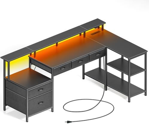Rolanstar Scrivania Gaming Angolare, Scrivania a L Reversibile con LED e Prese e Porte USB, Supporto per Monitor, Scrivania con Cassetti da 163 cm, Tavolo Salvaspazio per Casa, Ufficio (Nero)