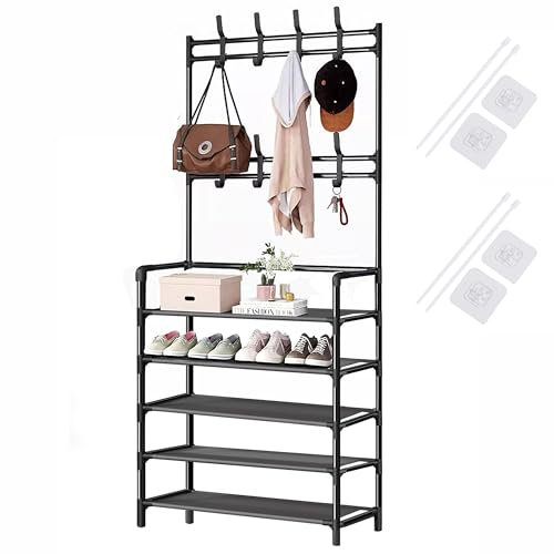 KleiderstäNder GarderobenstäNder Mit 5-Stufiger Schuhablage Garderobe Mit Schuhschrank JackenstäNderc Schuhregal Metall, Passt Gut In Den Flur, Schlafzimmer, Wohnzimmer (Schwarz,60 x 26 x 172 cm)