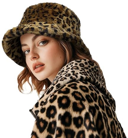 CLAPE Plüsch Kunstpelz Winter Fischerhut Leopardenmuster Eimer Hut Warm Pelzig Anglerhut Leopard Bucket Hat Damen Herren Faltbar Breite Krempe Freizeithut