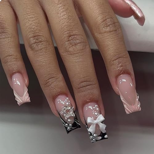 GlamRays Ongles Pressés Longueur Moyenne Strass Rose Faux Ongles Carrés Perles Étincelantes Brillant 3D Faux Pointes D'Ongles Noirs Artificiels Manucure 24 Pièces