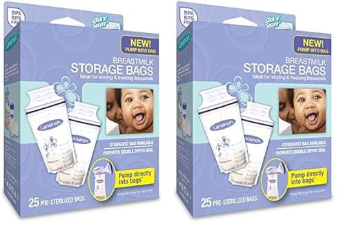 Lansinoh Breast Milk Storage Bags Breastmilk Pouches for fridge or freezer use, store flat or standing, BPA and BPS free, pre-sterilised, double zipper seal, Pack of 50, Packaging may vary