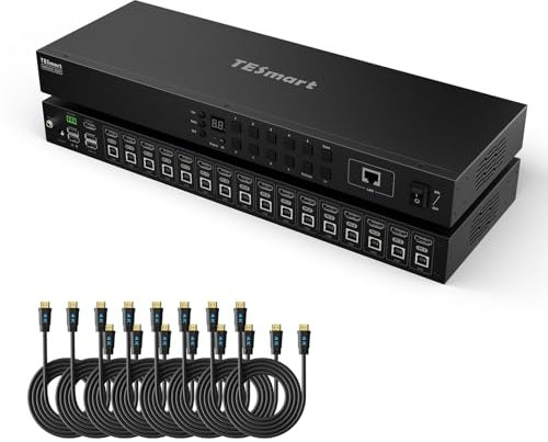 TESmart HDMI KVM Switch 4K 30Hz Ultra HD 16 Port KVM-Konsole Rack Mount Switch 16 PC 1 Monitor, mit 8x 1,5m Kabel, Eingangskontrolle bis zu 16 Computer/Server, USB RJ45 RS232 IR LAN Port Umschalter
