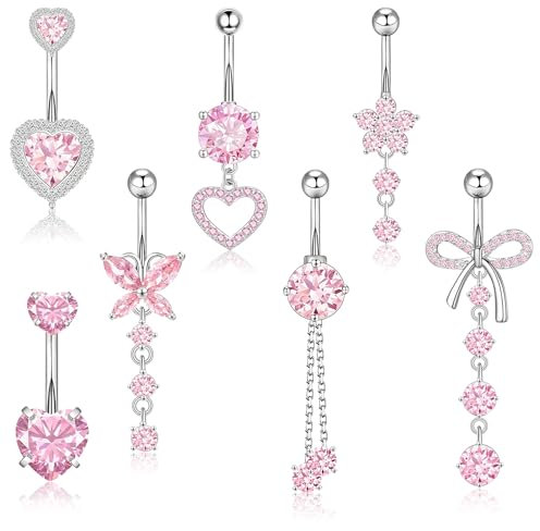 Idota 7 Stück Lange Bauchnabelpiercing Rosa Chirurgenstahl Bauch Piercing 10mm Hängende Schmetterling und Herz Designs Blume mit Perlen Strass Bauchnabelpiercing Set