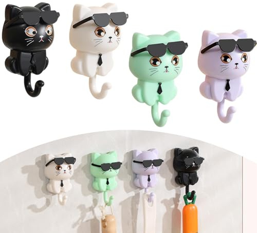 Norhogo 4 Stück Süßer Katzen-Schlüsselhaken, Selbstklebende Kleiderhaken | Sonnenbrille katze schlüsselhaken, Tiere Haken Aufbewahrungs- und Wanddekoration für Heimdekoration