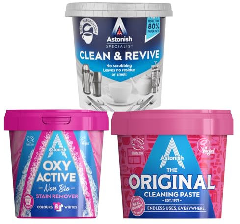 Astonish 3-Piece Cleaning Giftset Bundle, Original Cleaning Paste 500g, Specialist Clean & Revive 350g, Oxy Fabric Stain Remover 1.25kg Powder, Multi-Surface & Laundry Cleaning Kit