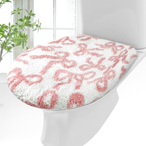 SmoothNovelty Toilet Lid Cover Coquette Plush Cover, Pink, Bow | Soft Microfiber, 17.5 x 15 Inch, Washable, Non Slip Rubber Backing, for Bathroom Decor, Fits Most Round Elongated
