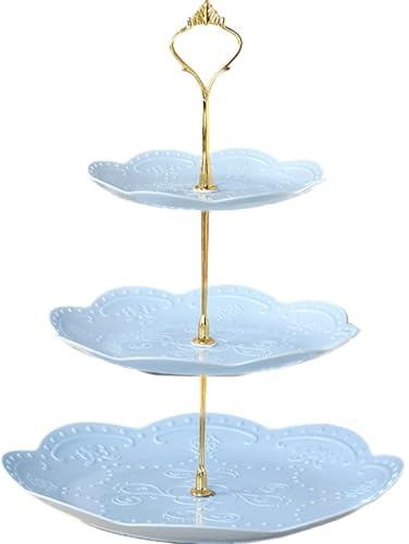 YBK Tech 3-Tier Porcelain Serving Stand, Cake Stand with Embossed Lace Pattern - (Blue, Gold rod)