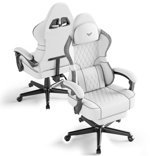Ferghana Chaise Gaming Ergonomique，Fauteuil Game en Respirant，Gaming Chair avec Réglable Appui-tête,Coussin Lombaire Massage,Repose-Pied,Chaise de Bureau PC pour Bureau de Jeu (Blanc,Tissu Lin)