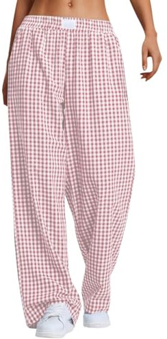 PADOLA Pantalon Fluide Femme Été Lin Bas de Pyjama à Carreaux Taille Elastique Pantalons de Nuit avec Poches Ample Jambe Droite Pantacourt Yoga Décontracté Pyjamas Léger Grande Taille (1 Rose, S)