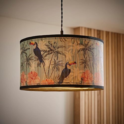 ValueLights Daintree Medium Pastel Jungle Bamboo Drum Ceiling Lamp Shade and Bulb