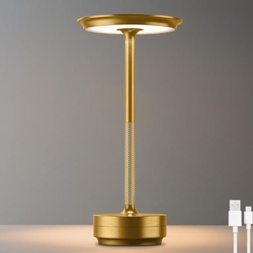LOGT LED Tischlampe Kabellos Wiederaufladbar Tischleuchte Akku 5200mAh Schreibtischlampe Touch Dimmbar 3 Farbtemperaturen Nachttischlampe USB Aufladbar Tragbare Tischlampen Innen Außen,Gold