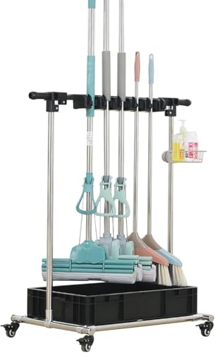 Broom and Mop Holder Organizer Carts on Wheels - Cleaning Supplies Storage Cabinet for Housekeeping, Schools, Hospitals - Mop Bucket, Umbrella Stand, Drain Rack