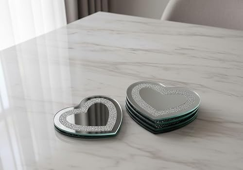 DEENZ Heart-Shaped Crushed Crystal Border Jewel Loose Sparkle Diamante Mirrored Table Placemats & Coasters Reflective Silver Glitter Surface Glass Decor Centrepiece 10/25 Cm (4 Coasters)