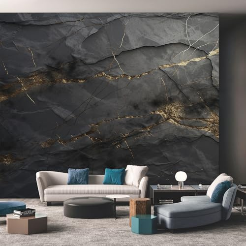 Generisch Tapete Schwarz Gold Marmor, Art Fototapete Modern Kunst Textur Tapeten Wandtapete Wohnzimmer Schwarz Gold Tapete fur Schlafzimmer 200x140 cm Wanddekoration Vliestapete W&24