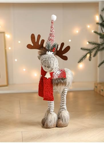 Generisch Weihnachts Rentier Deko Figur, Plüsch-Rentier mit Mütze und Schal, Skandinavischer Stil, Rot-Grau, 50 cm Höhe, Weihnachtliche Tisch- und Fensterdekoration