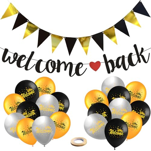 22 Stück Welcome Back Deko Banner Ballon, Willkommen Zuhause Deko mit Welcome Back Banner, Gold Dreieck Flagge, Latex Luftballons, für Willkommen Zurück, Babyshowerparty Girlande, Party, Einschulung
