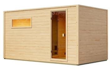 Karibu Gartensauna 396,1x224,9x212,4cm│Außensauna mit Vorraum│mit bronzierter Glastür & 2 Liegen│Fronteinstieg│Massivholz│für 2–4 Personen + Boden