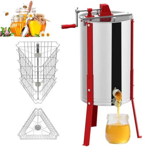 LZQ Extracteur de miel manuel en acier inoxydable - 3 cadres - Extracteur tangentiel - Extracteur de miel manuel - Extracteur de miel centrifuge pour apiculture - Réglable en hauteur - Accessoires