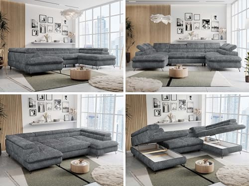 MKS MEBLE Sofa U-Form, Wohnlandschaft U-Form, Sofa mit Schlaffunktion und Bettkasten, Schlafsofa mit Bettkasten, Couch mit Verstellbare Kopfstützen - Peter U - Dunkelgrau Cord (mit Topper T25)