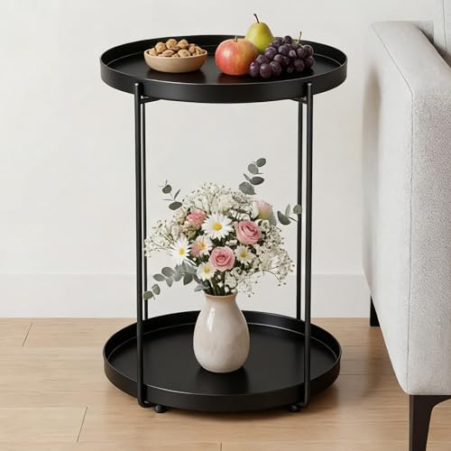 Mai & Mai Beistelltisch rund Ø37×H51 cm, Couchtisch klein Schwarz | Balkontisch mit 2 abnehmbaren Tablett aus PP-Kunststoff, Sofatisch für Wohnzimmer, Schlafzimmer und Balkon, Reglo-08