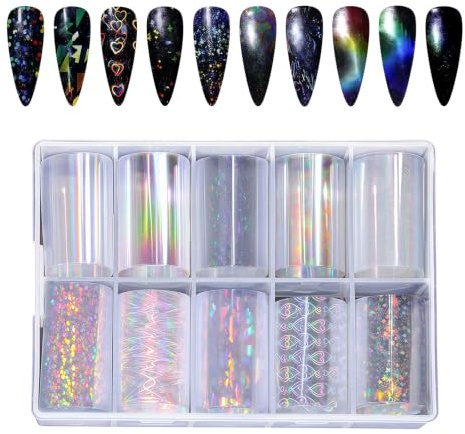 Higijapuf 10 Rolls Nail Art Foil, Starry Sky Nail Foil Stickers, Holographic Nail Transfers, Glass Fragment Nail Foils for Gel, DIY Manicure, Clear, Glitter, 100 x 1.6 inches