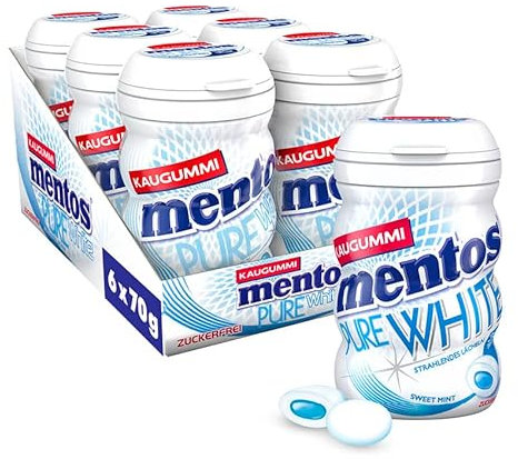 Mentos Kaugummi Pure White Sweet Mint, 6 Boxen zuckerfreie Chewing Gum Dragees mit Pfefferminz-Geschmack & flüssiger Füllung, Multipack (6 x 35 Stück)