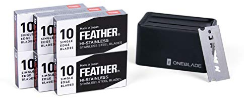 OneBladeFeather FHS-10 Cuchillas de afeitar de un solo borde (30-60 unidades) con banco de eliminación, 60 Blades w/Disposal Bank, 1.00[set de ]