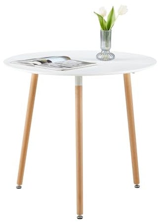 EGGREE Mesa de Comedor Redonda Blanco Patas de Haya Ajustable 80x80cm