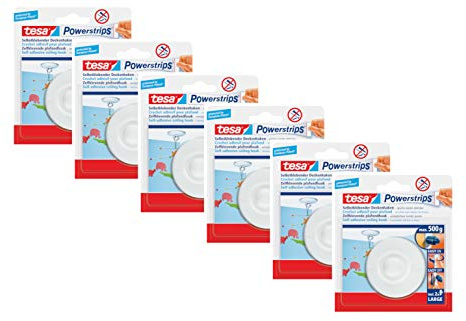 tesa Powerstrips Deckenhaken/Drehbarer Haken aus hochwertigem Kunststoff zum Kleben/Bis 0,5kg / Rüchkstandslos entfernbar (6x 1 Haken)