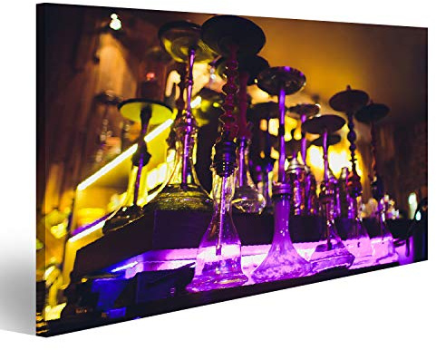 Bild auf Leinwand Gruppe von schwarzen Shisha Shisha auf abendlichem Stadthintergrund, verschwommener Bokeh-Hintergrund. Moderne Wasserpfe Wandbild Leinwandbild Kunstdruck Poster 100x57cm