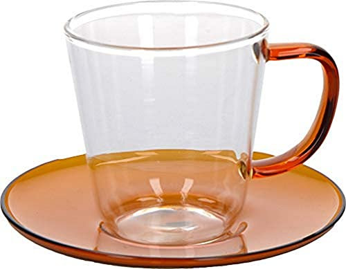La Cafetière C000873 Core Glass Coffee Cup/Tea Cup and Saucer Set in Gift Box, Amber, 300 ml