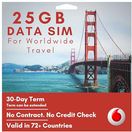 Vodafone 5G/4G International SIM card. Unlimited UK Data + Unlimited Calls back to the UK. 25GB roaming in 70+ Countries. Preloaded + Prepaid for 30 days, not a Pay as You Go SIM card.
