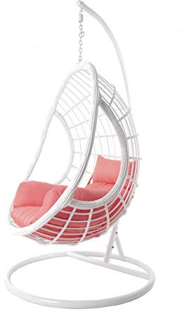 Kideo® Komplettset: großer Hängesessel mit Kissen, Korbsessel, Swing Chair, Loungemöbel (Gestell- und Korbfarbe: weiß, Kissen: Nest Coral (3400 Coral))